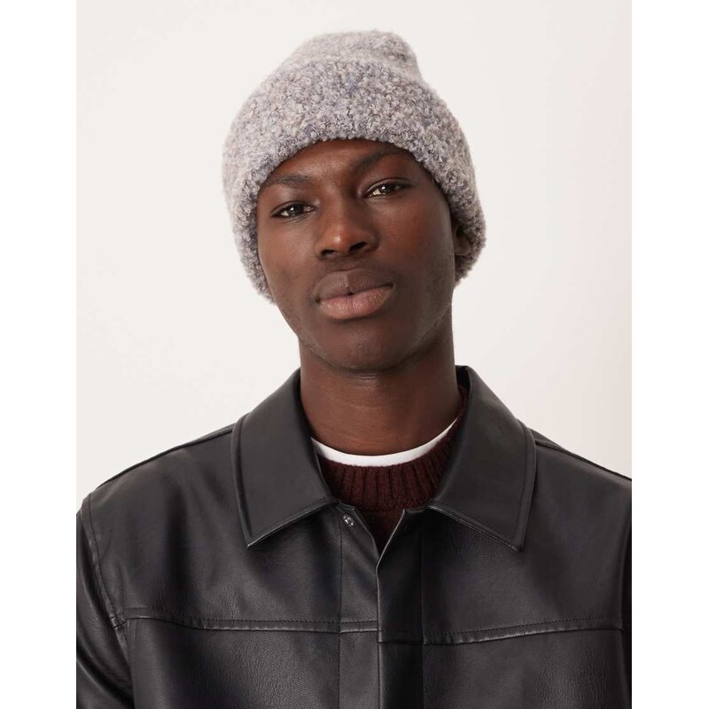 ASOS DESIGN knitted rib boucle beanie in grey