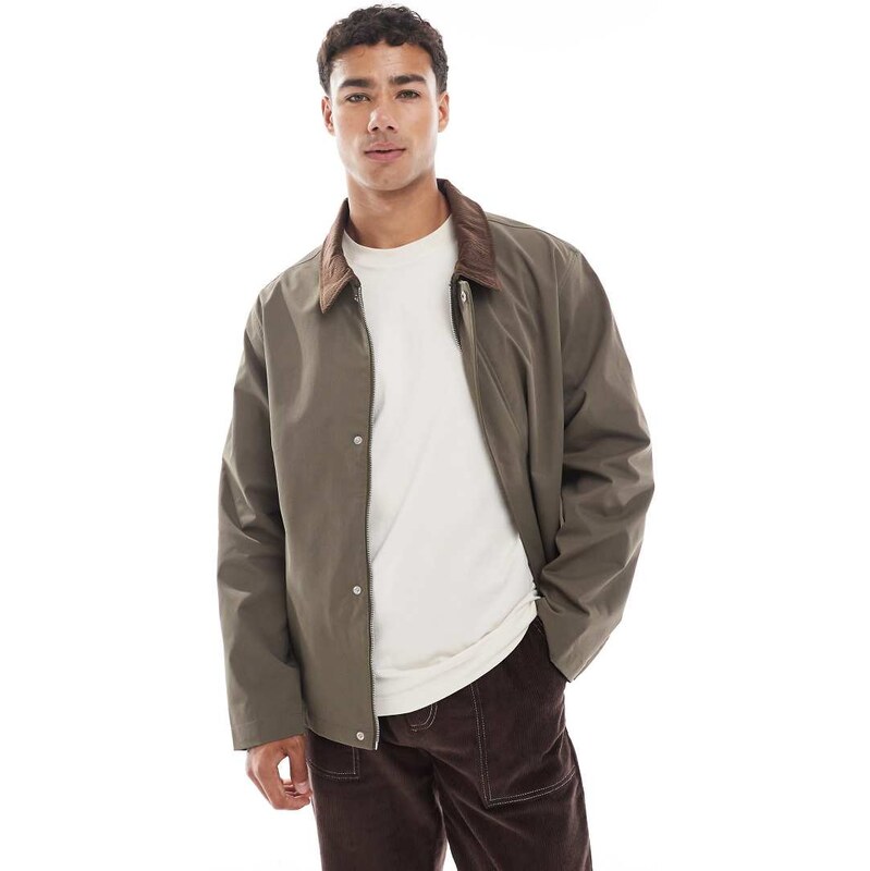 Jack & Jones harrington jacket with cord collar in tan-Brown