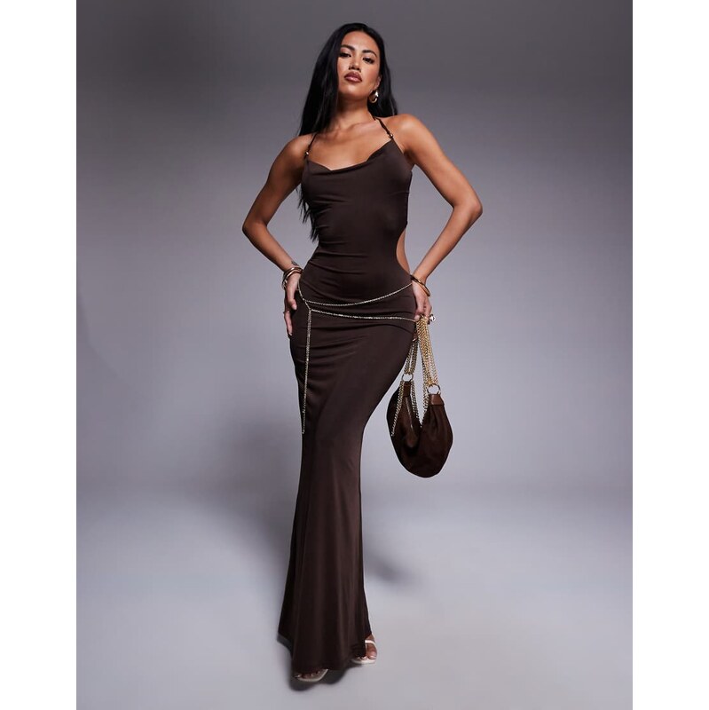 Tiger Mist Suriya cowl halterneck open tie back chain detail maxi 108293840