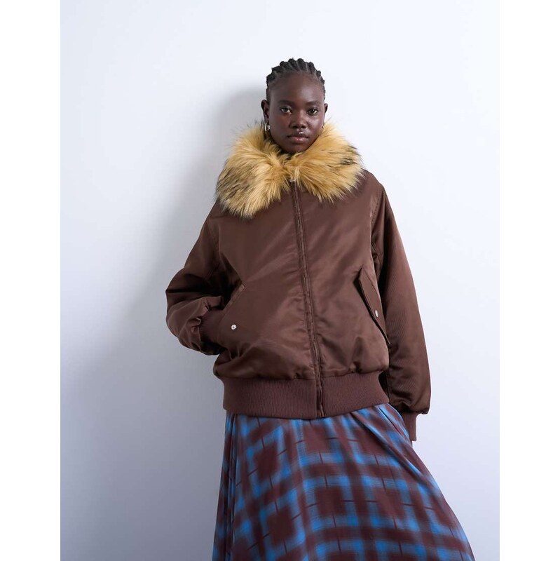 Topshop nylon bomber jacket with a faux fur collar in chocolate-Brown 108430384