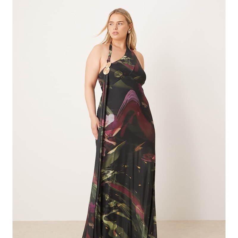 ASOS Curve ASOS DESIGN Curve printed mesh drape scarf neck maxi