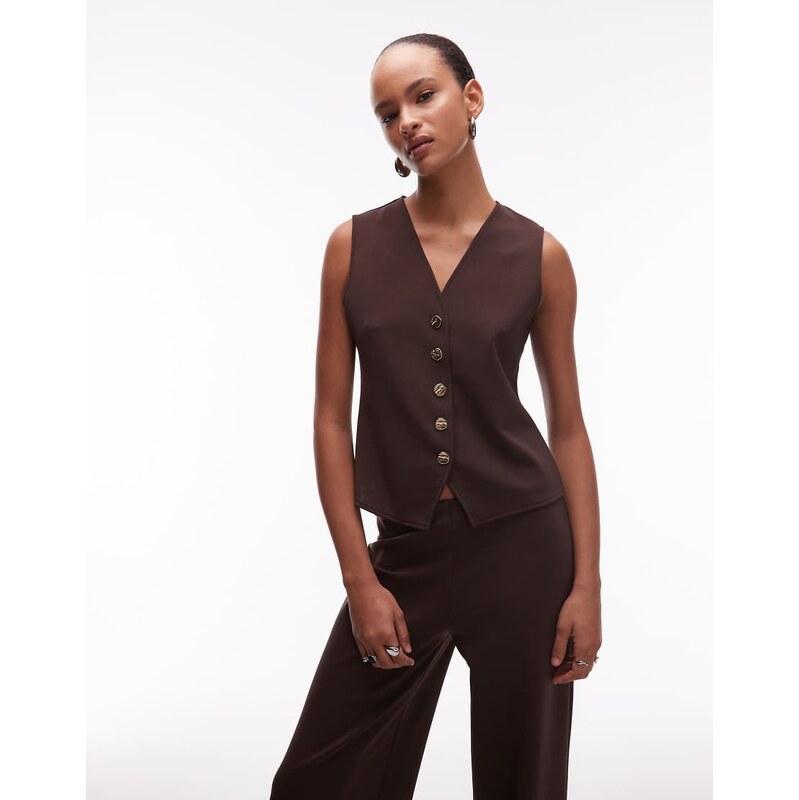 Mango v neck waistcoat co-ord with gold buttons in brown 108293881