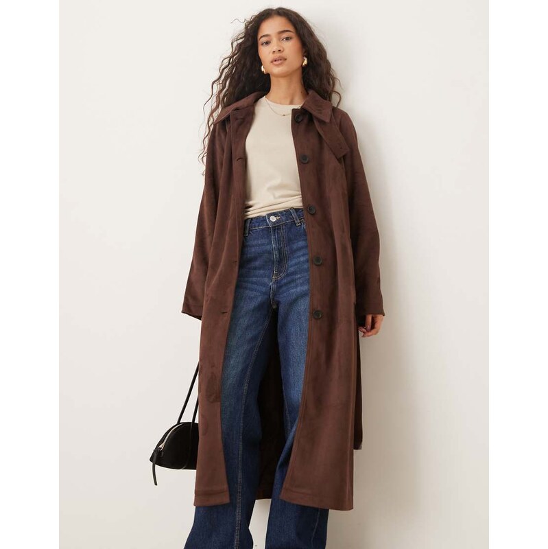 ASOS DESIGN faux suede funnel neck trench coat in chocolate