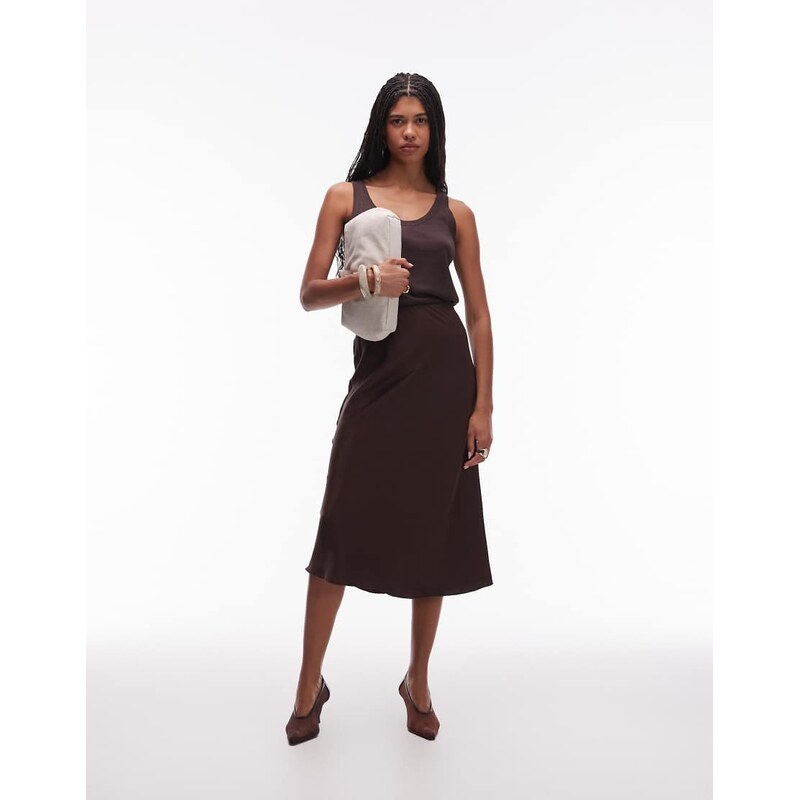 & Other Stories satin slip midi skirt in dark brown 109369549