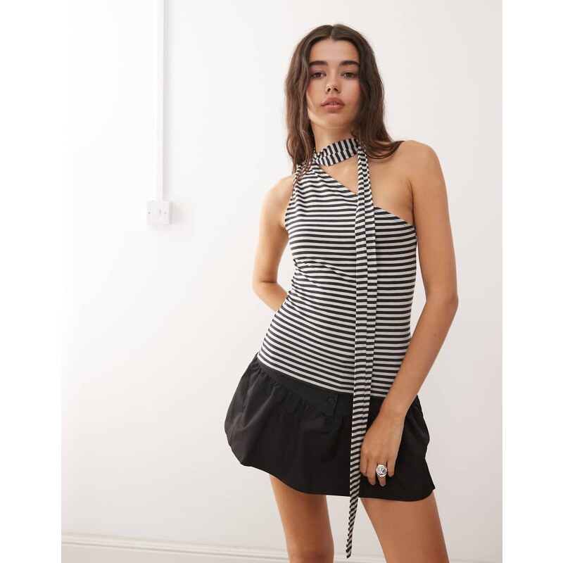Weekday one shoulder halter top in off-black & grey stripe