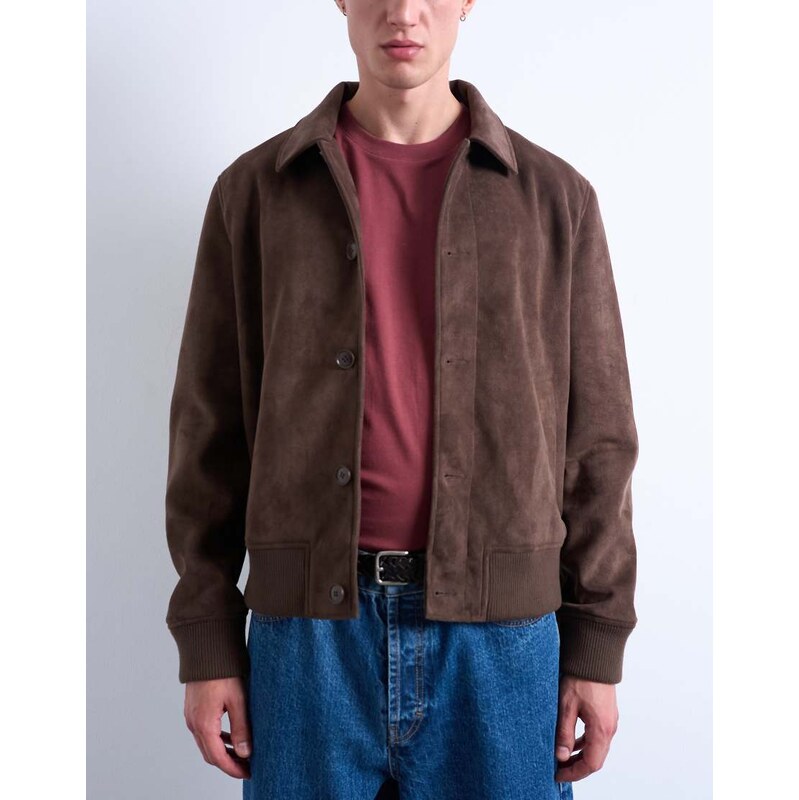 Topman faux suede harrington jacket in brown