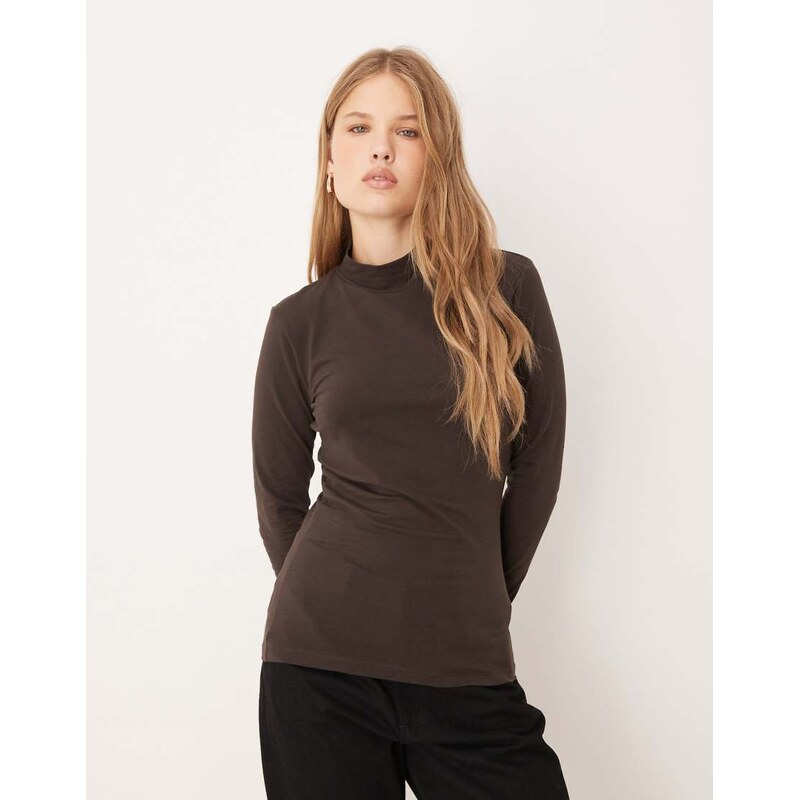 JDY roll neck top in dark chocolate brown 108302122