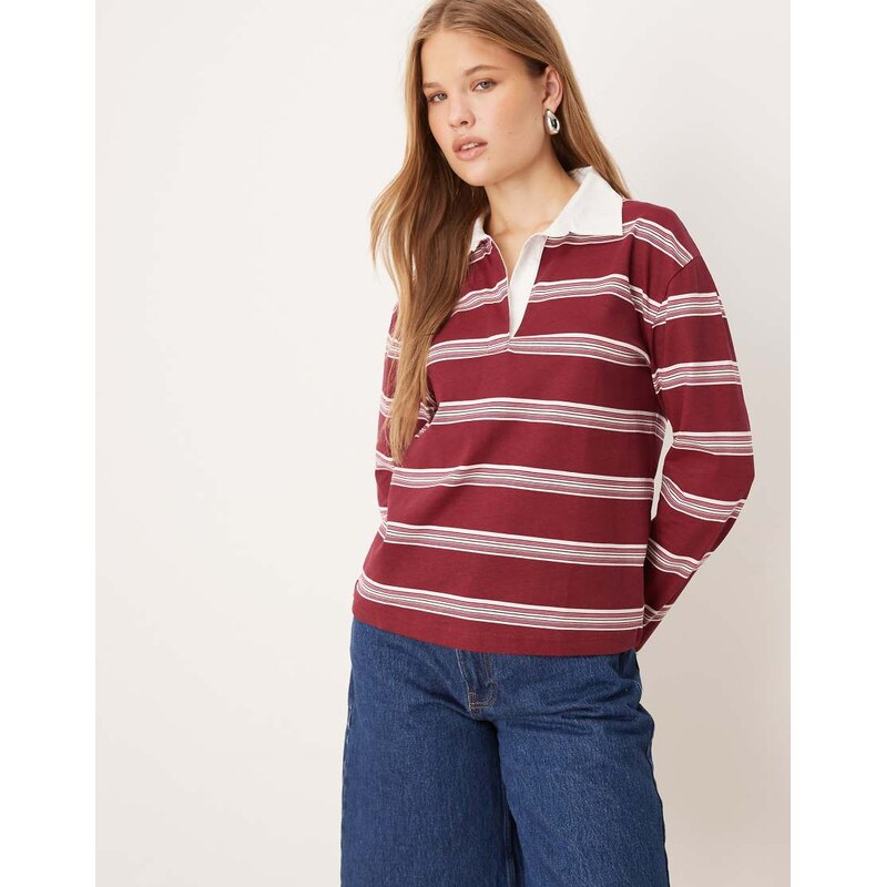 JDY stripe long sleeve polo shirt in burgundy with white stripes