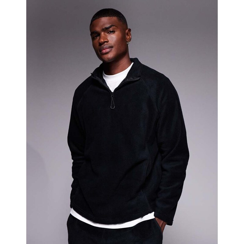 ASOS DESIGN relaxed funnel neck quarter zip fleece sweatshirt in black