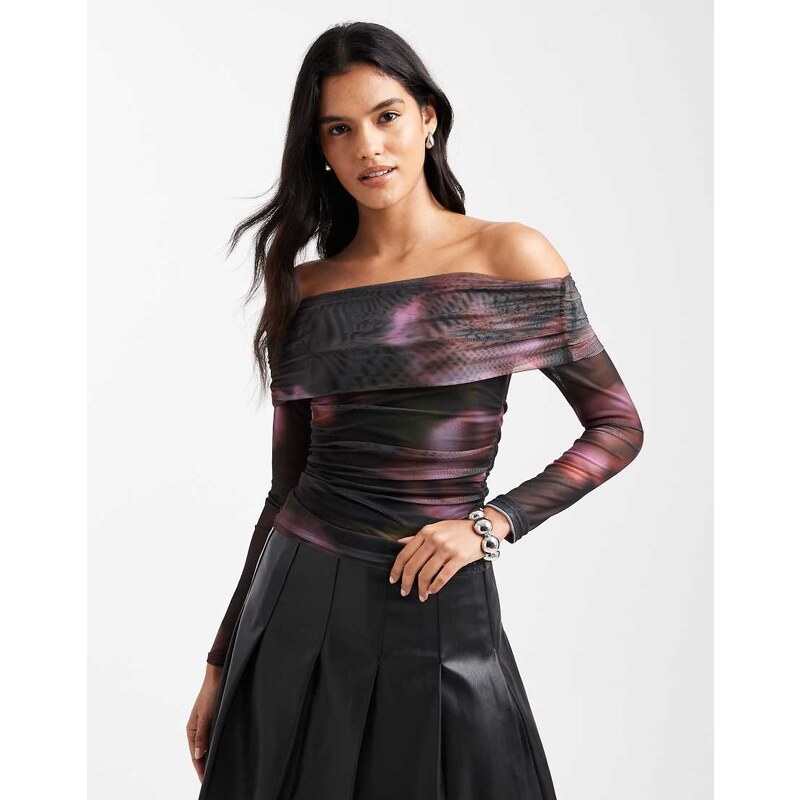 Cotton On ashley off shoulder mesh top in dark oak-Red 108304207