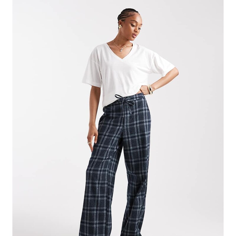 ASOS Tall ASOS DESIGN Tall wide leg tie waist trousers in brushed navy 115512627