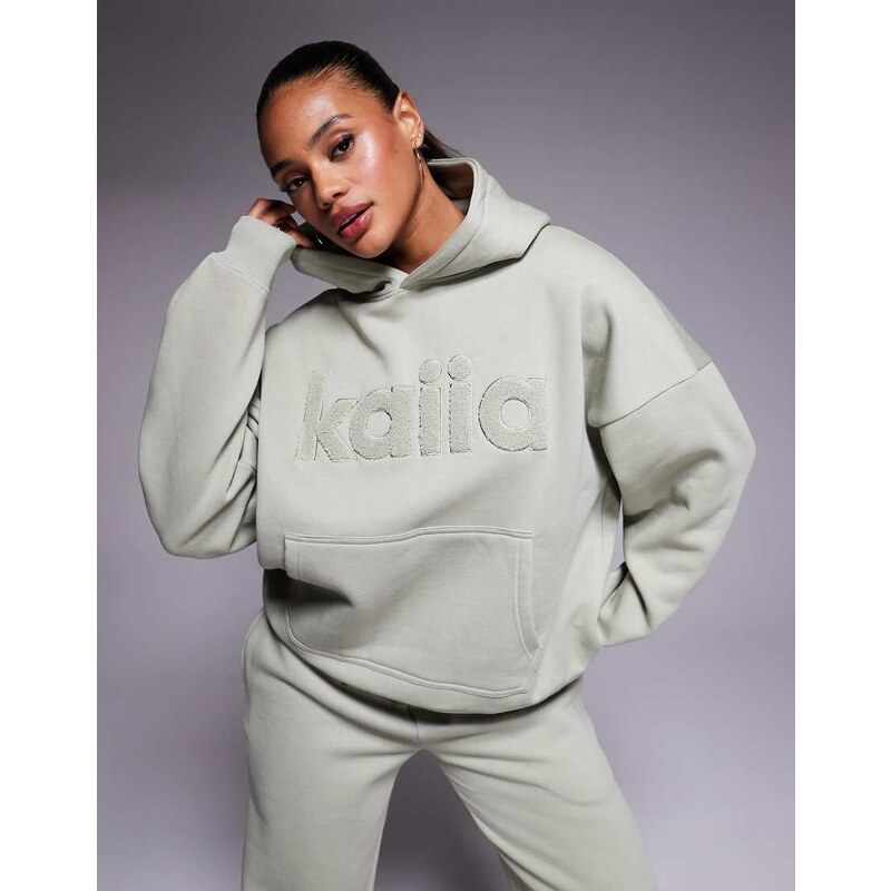 Kaiia cotton rich oversized borg logo hoodie co-ord in sage green 113262203