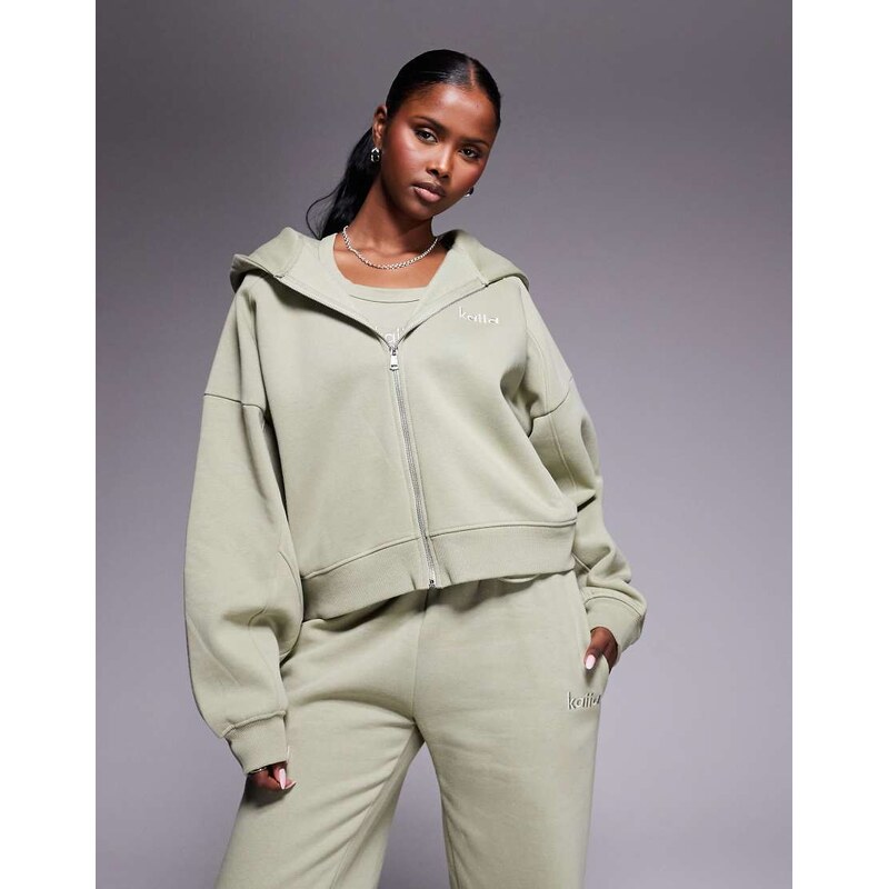 Kaiia cotton rich embroidered logo cropped zip through seam