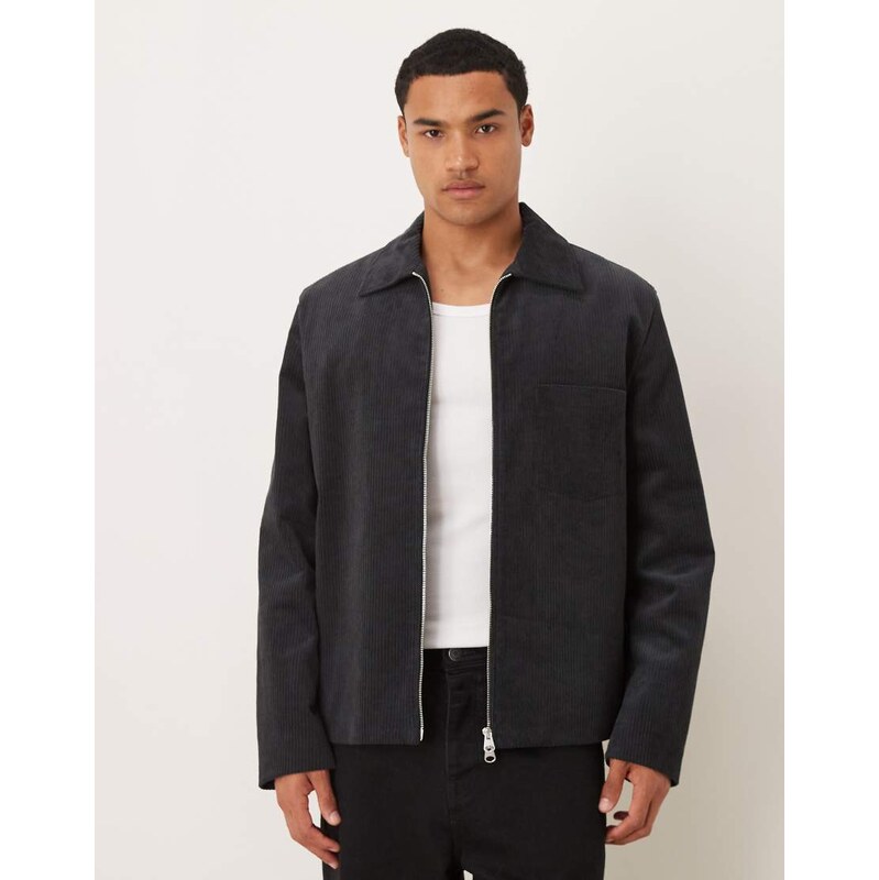 ARKET cord zip up jacket with front pocket in navy blue