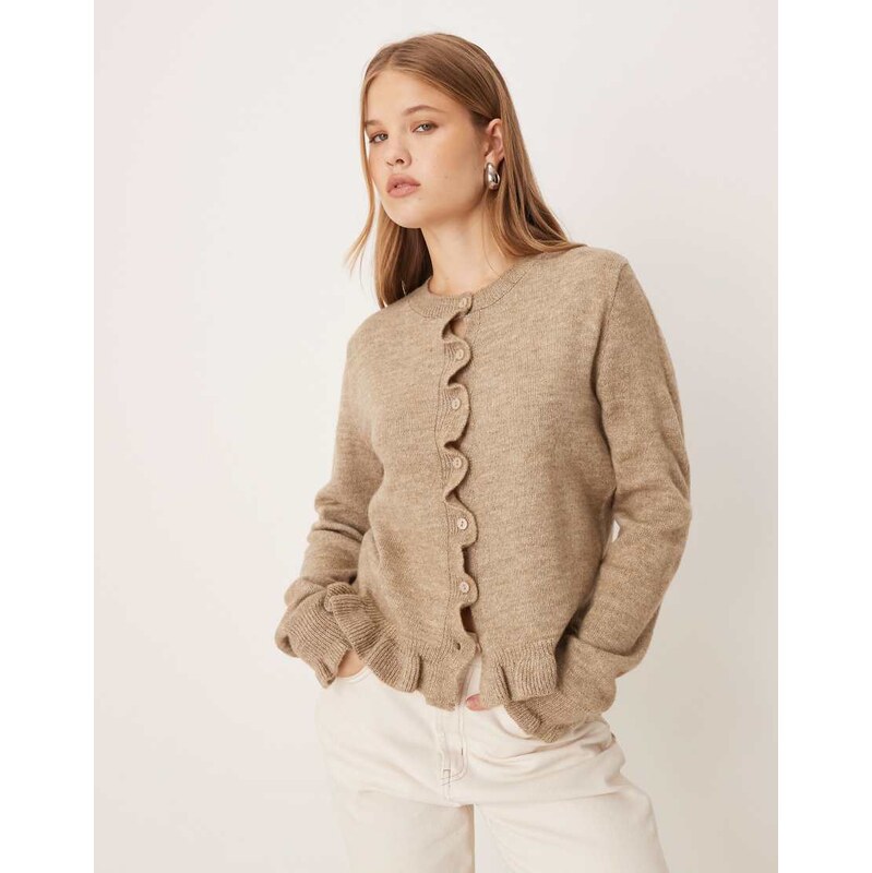 JDY frill details knitted cardigan in dark beige-Neutral 113414018