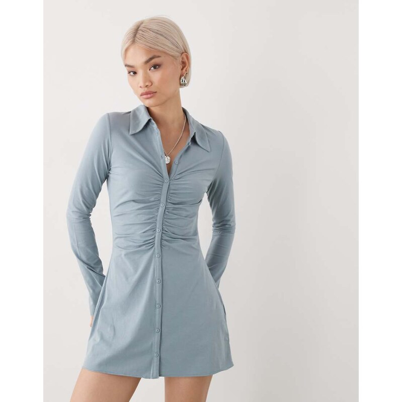 Monki ruched front long sleeve mini shirt dress in grey
