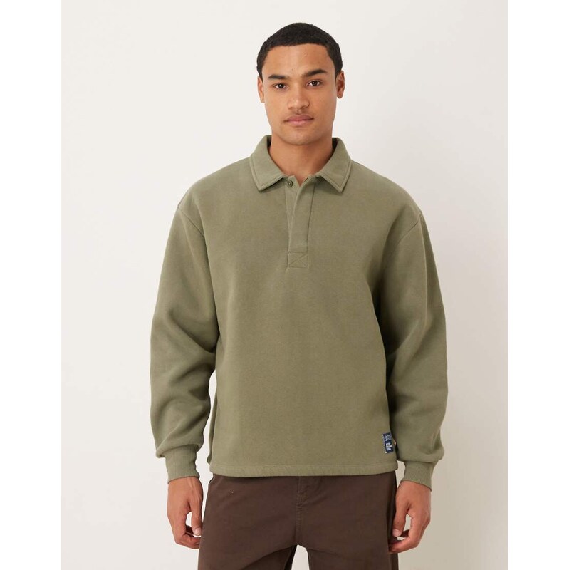 ASOS DESIGN relaxed polo sweatshirt with woven label badge in khaki 108302341