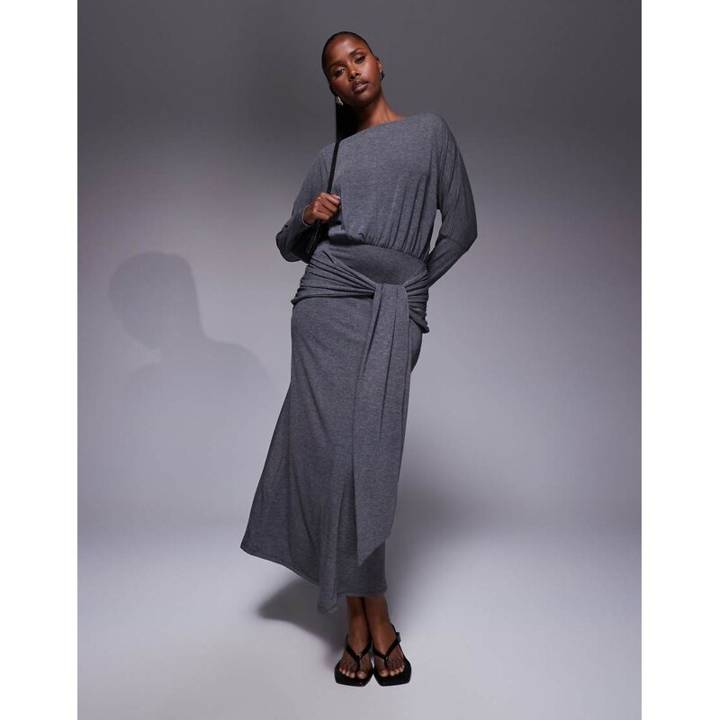 ASOS DESIGN long sleeve slash neck tie blouson front maxi dress