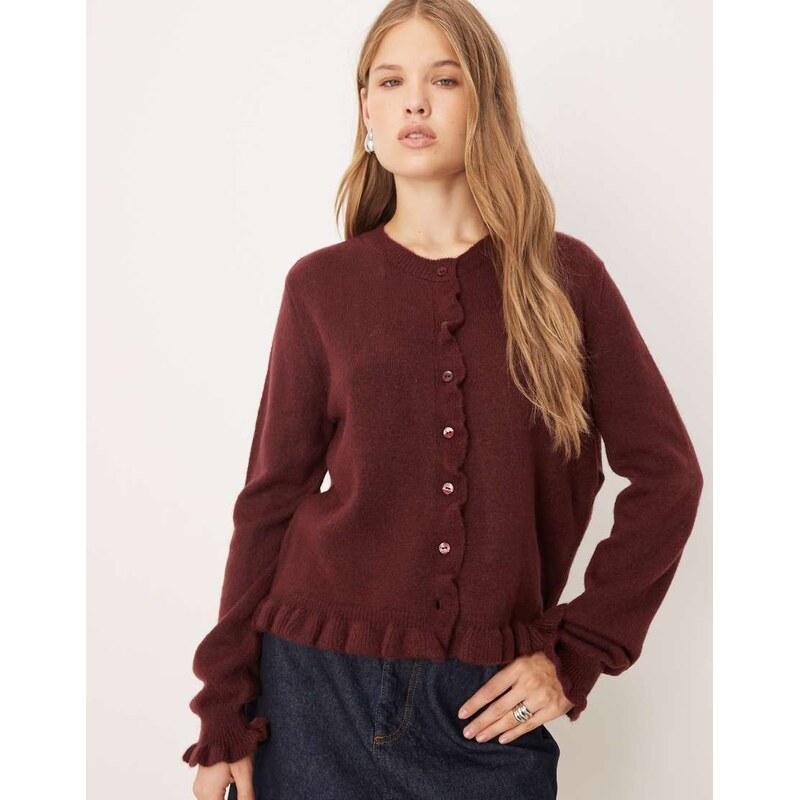 JDY frill details knitted cardigan in burgundy-Red