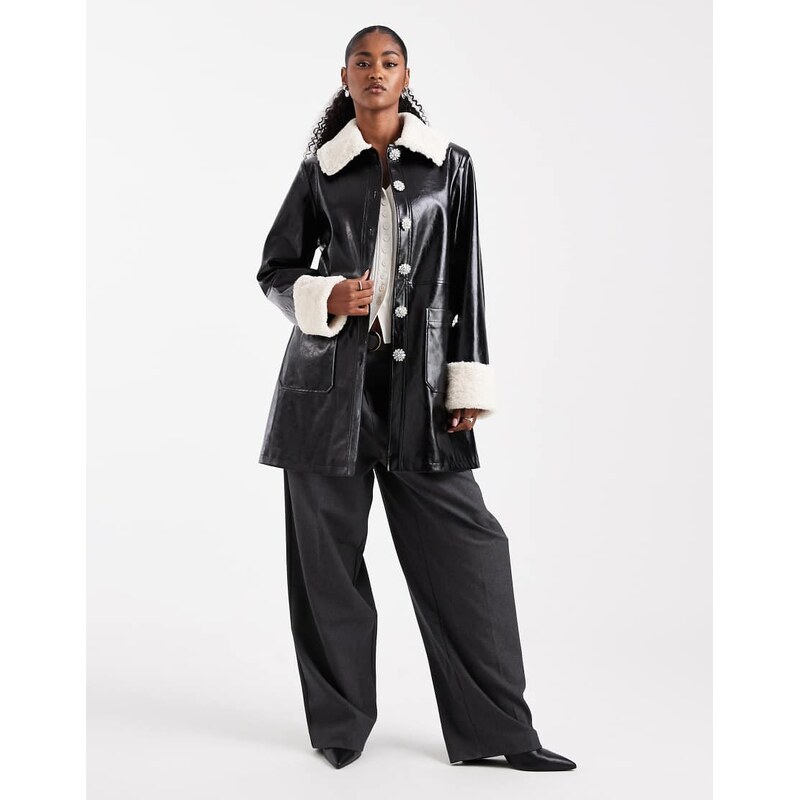 Miss Selfridge contrast collar faux leather coat in black 108302391