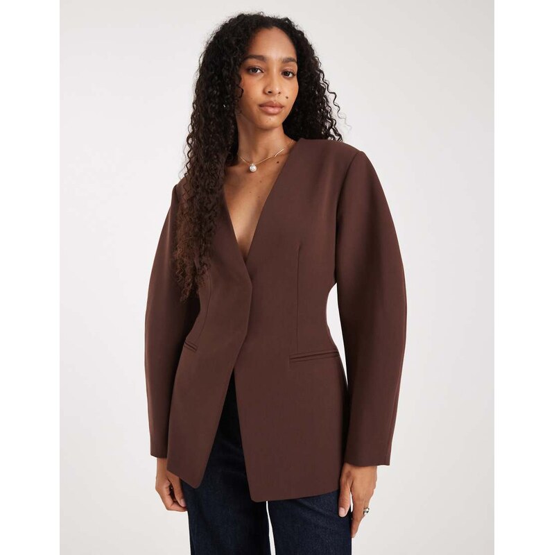 ASOS DESIGN cinch collarless blazer in chocolate-Brown