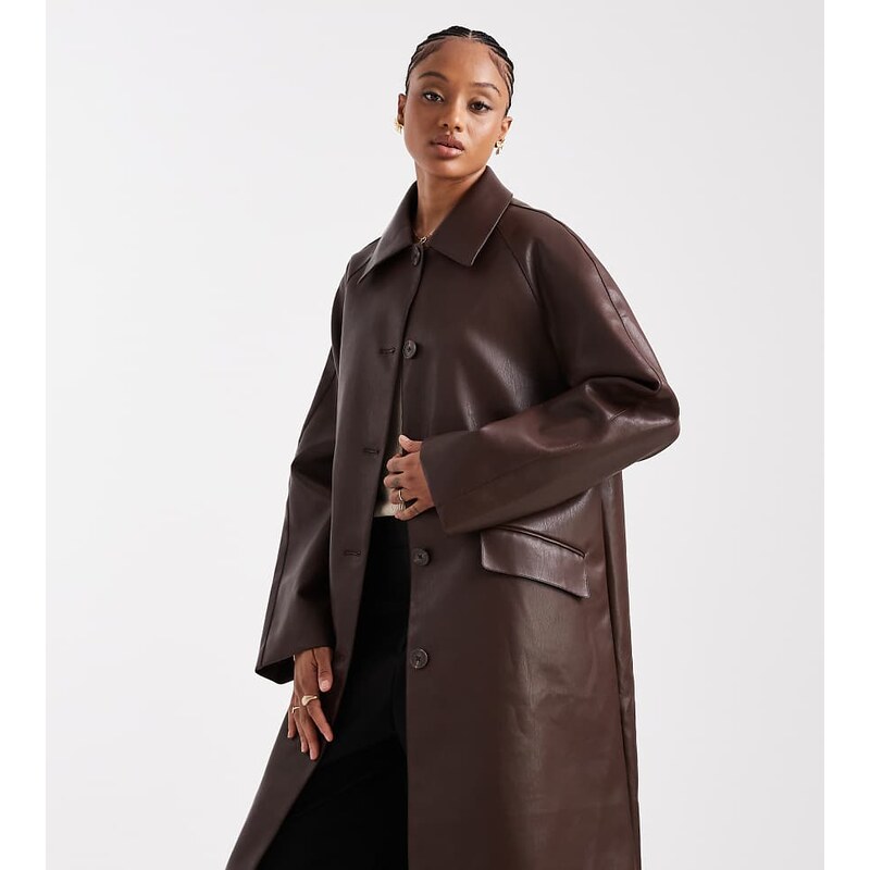 ASOS Tall ASOS DESIGN Tall leather look car coat in chocolate-No 108302394