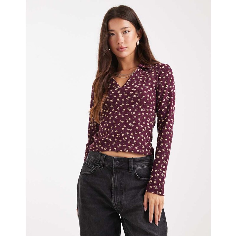 Miss Selfridge Long Sleeve polo top in ditsy print-Multi
