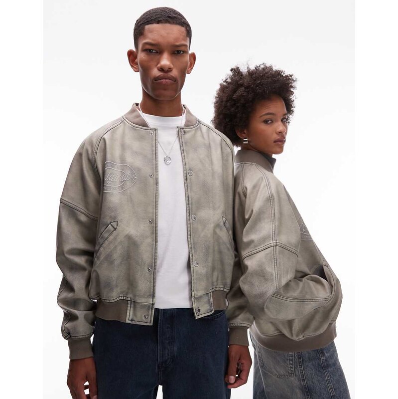 COLLUSION Unisex washed varsity bomber jacket-Grey