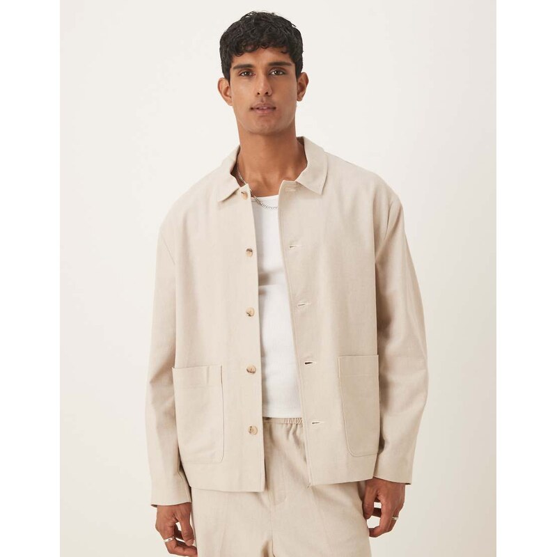 ASOS DESIGN smart co-ord shirt jacket in ecru with linen-Neutral