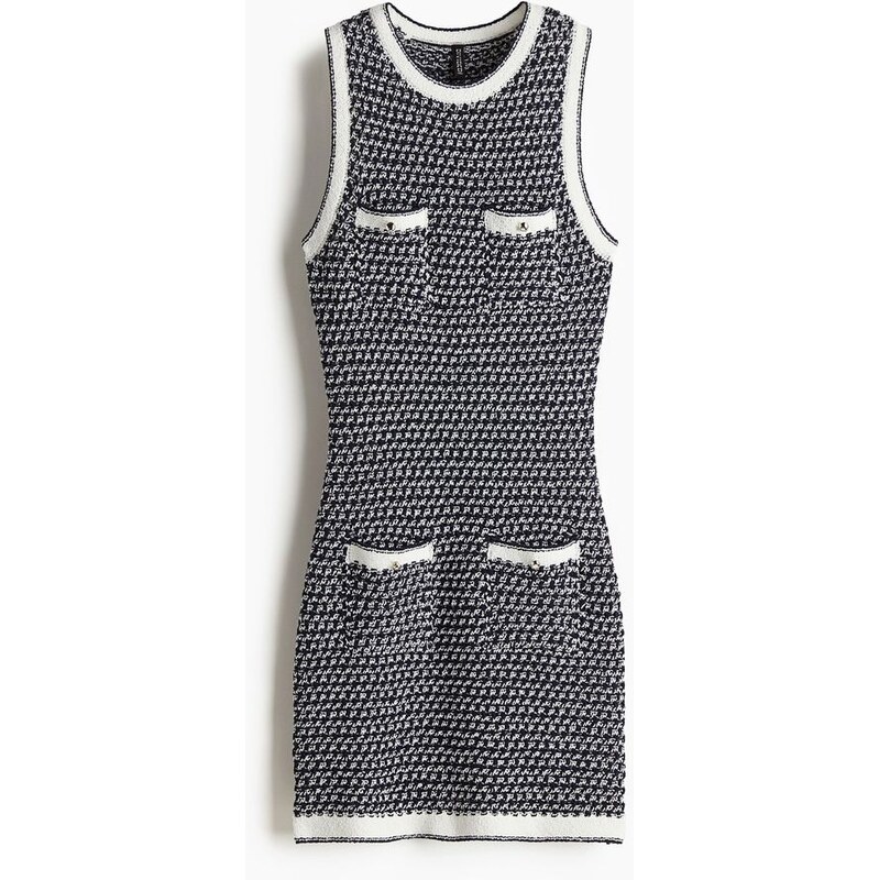H&M - Pletené šatys texturou a kapsičkami - Námořnická Modř/Vzor
