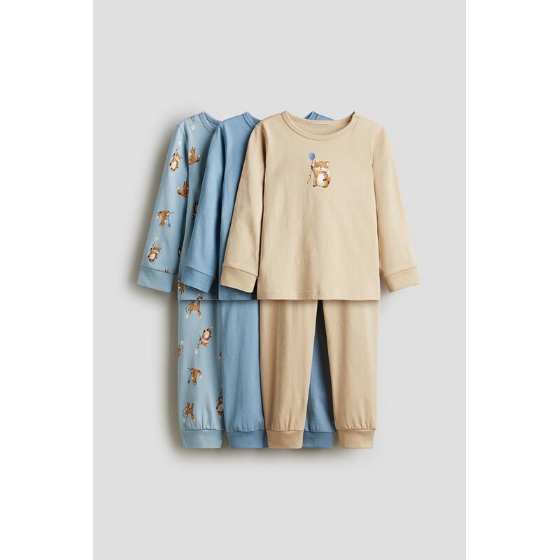 H&M - Bavlněné pyžamo: balení po 3 - Bleděmodrá/Lišky
