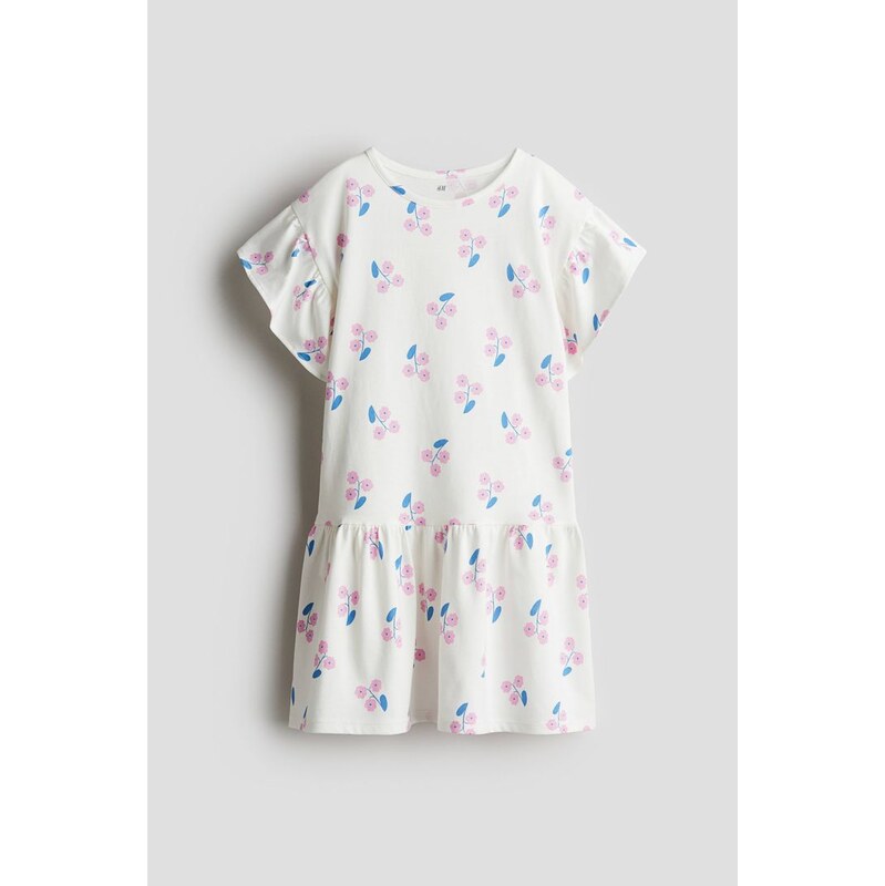 H&M - Bavlněné šatys volánkovými rukávy - Bílá/Květiny