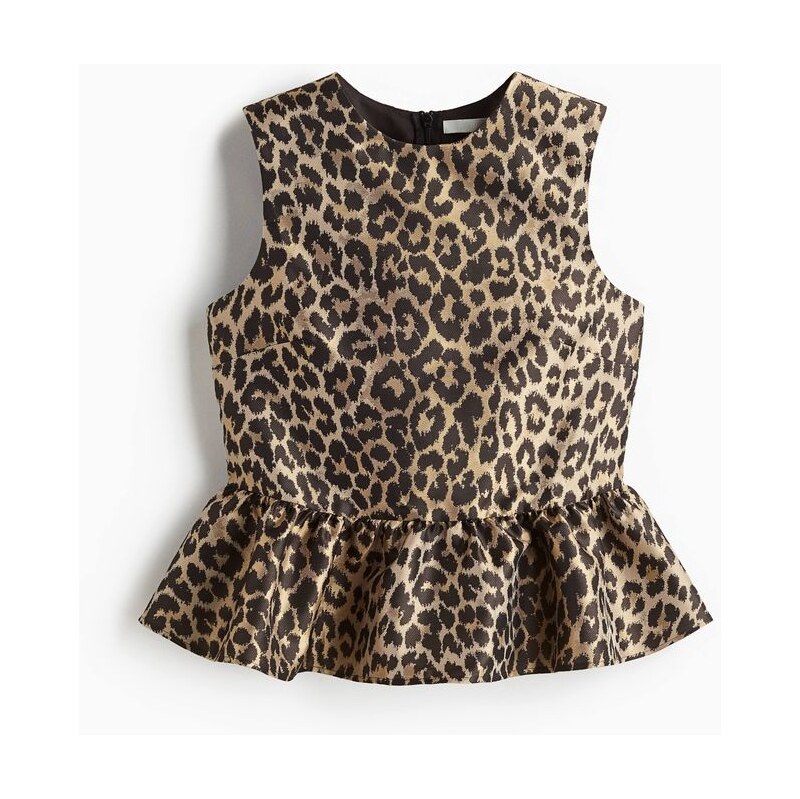 H&M - Top peplum z žakárové tkaniny - Béžová/Leopardí Potisk