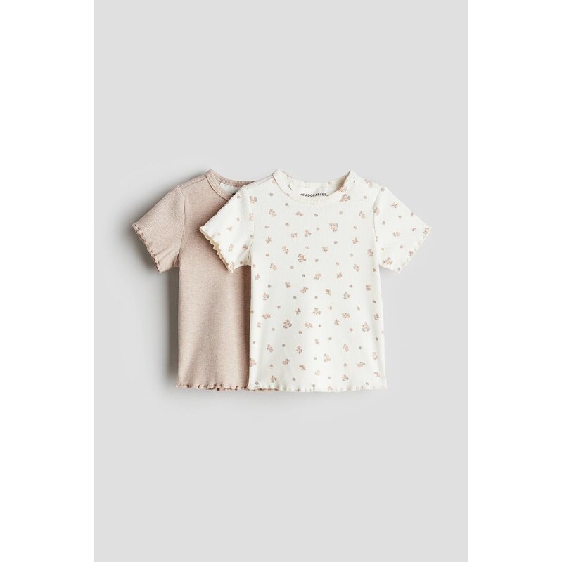 H&M - Žebrované bavlněné tričko 2 kusy - Béžová/Květy