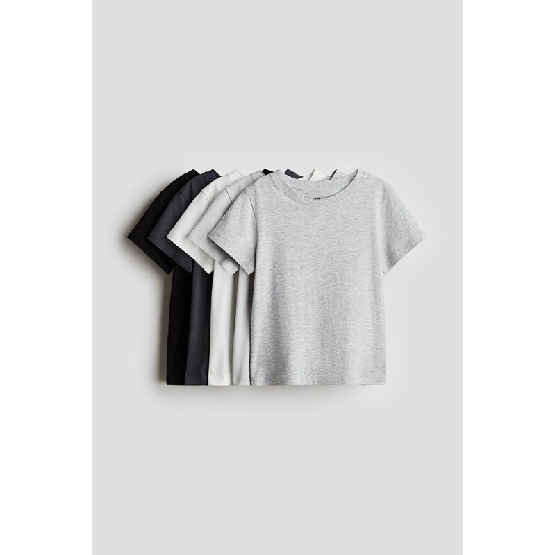 H&M - Bavlněné tričko 5 kusů - Světle Šedá/Světle Šedý Melír