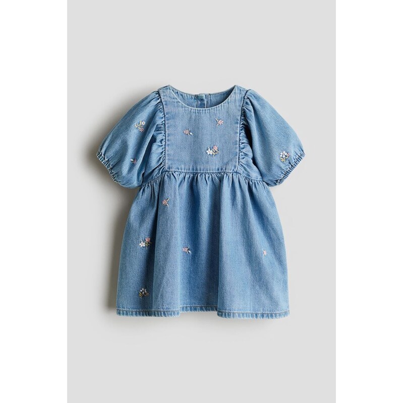 H&M - Džínové šatys výšivkami - Denim Blue/Květy