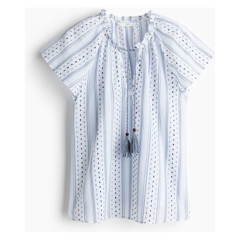 H&M - Bavlněná halenka se stahovací šňůrkou - Bílá/Modré Proužky