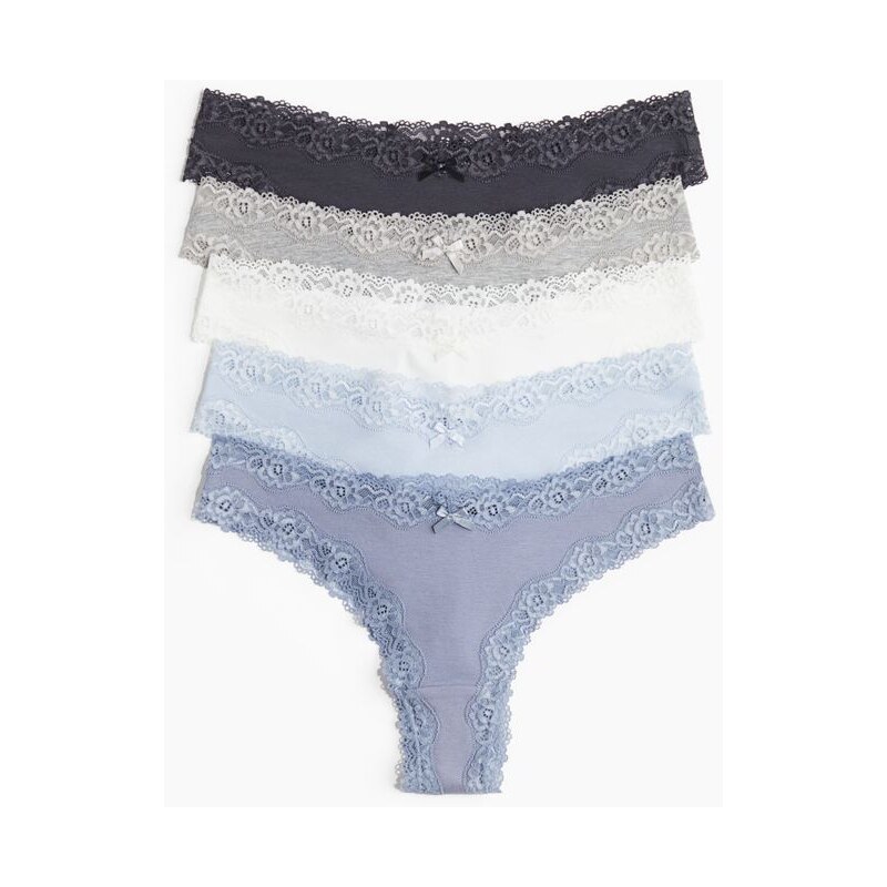 H&M - Kalhotky brazilian z bavlny a krajky 5 kusů - modrá 108159657