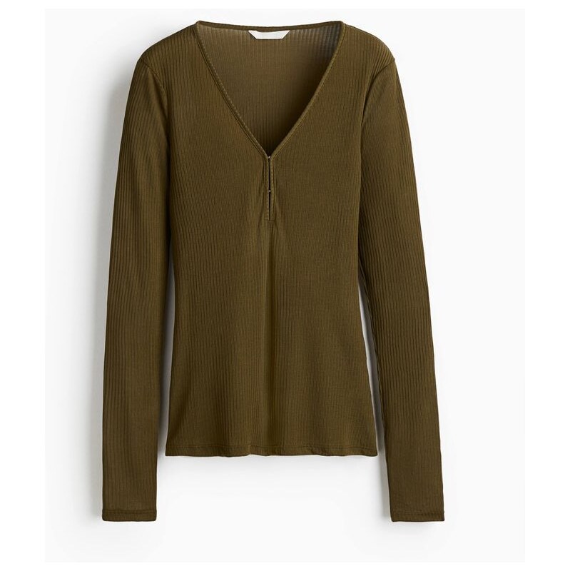H&M - Top z žebrovaného úpletu - Tmavě Zelená Khaki