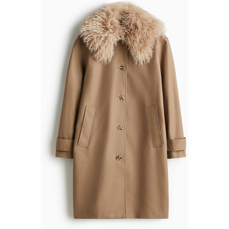 H&M - Keprový kabáts huňatým límcem - béžová 108301520