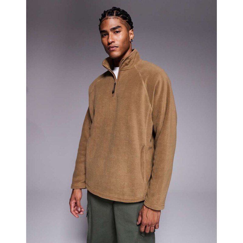 ASOS DESIGN relaxed funnel neck quarter zip fleece sweatshirt in beige-Neutral