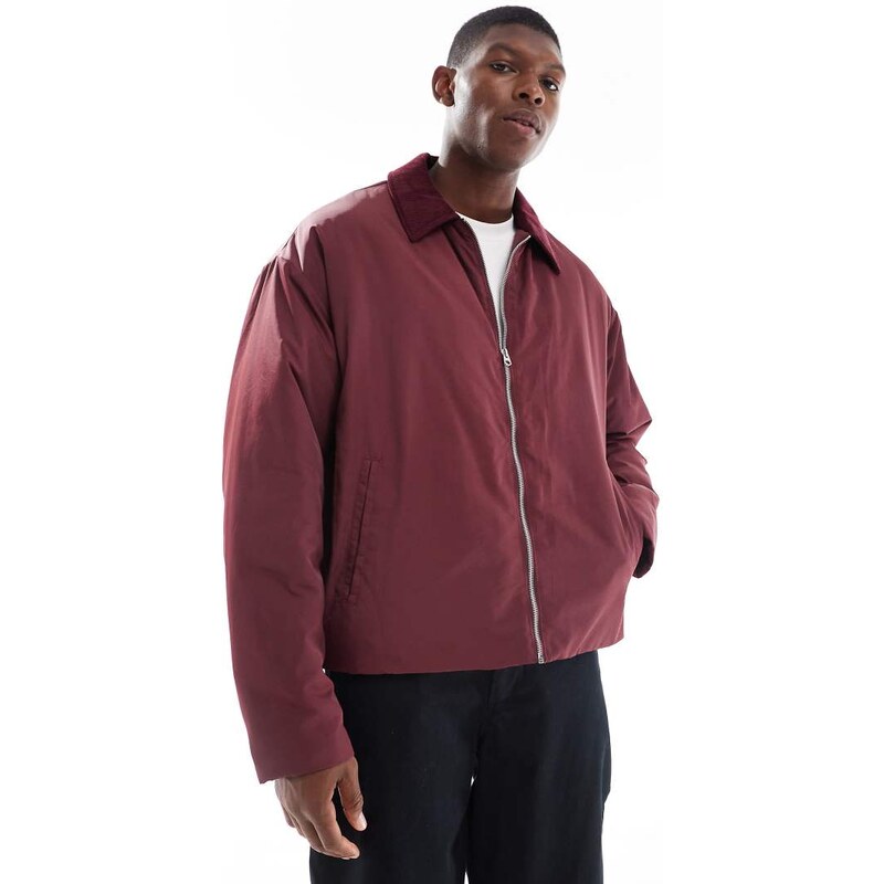 ASOS DESIGN oversized jacket with cord collar in burgundy-Red