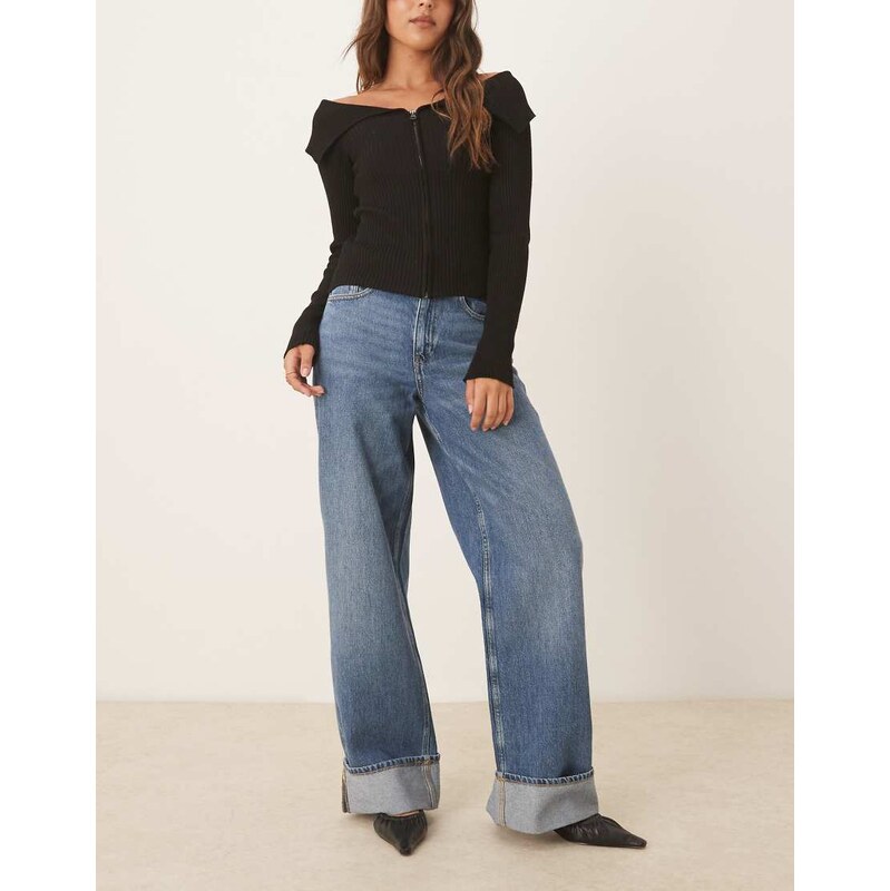 JJXX Tokyo wide fit jeans in medium blue wash with turn ups