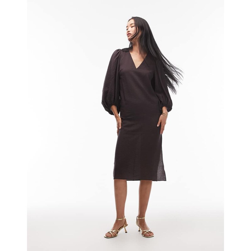 & Other Stories midi dress with volume sleeves in brown-Orange