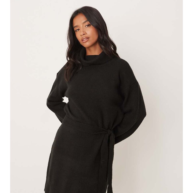 Vila Petite tie waist high neck knitted mini dress in black