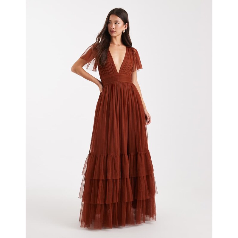 Lace & Beads Bridesmaid Madison flutter sleeve maxi dress in rust 115514523