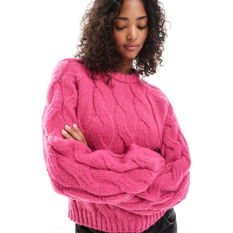 Pieces cable knit jumper in bright pink-Purple 108304279