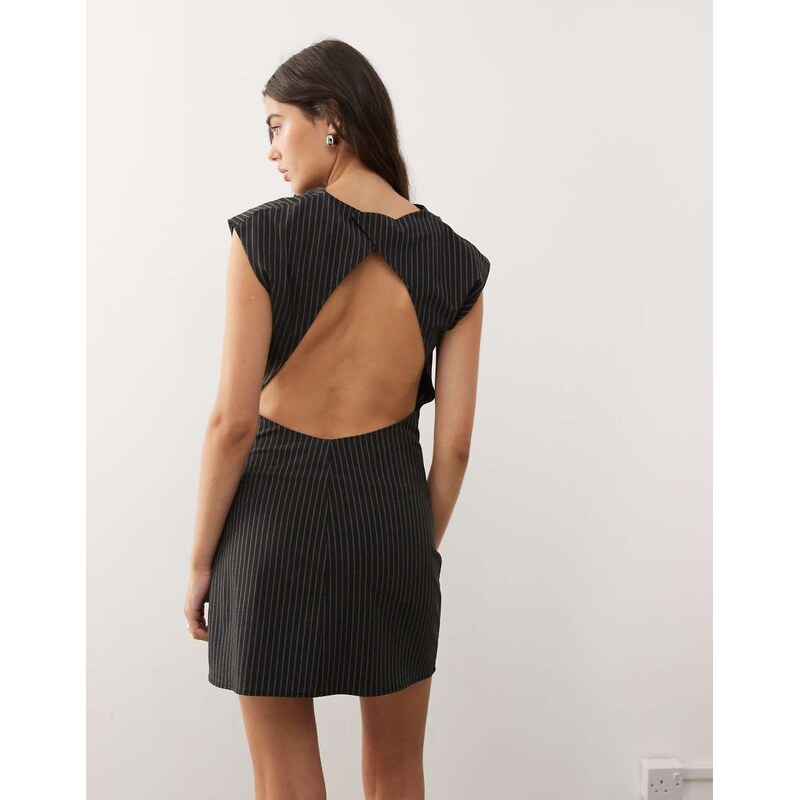 Weekday slash neck mini dress with open back in dark grey pinstripe 108304285