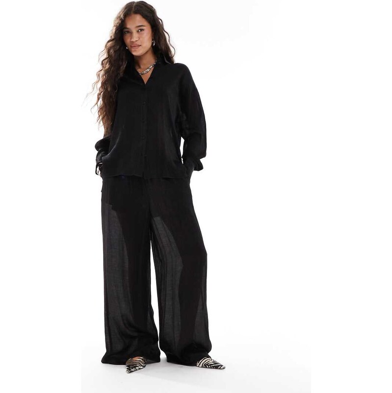 French Connection crinkle satin wide leg trousers co-ord in black 115543361