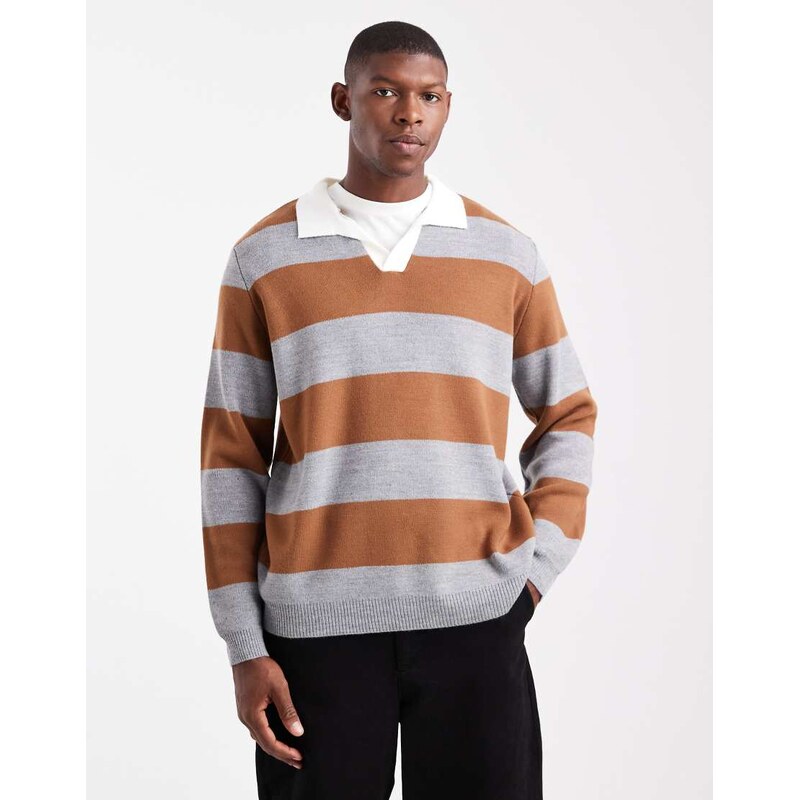ASOS DESIGN knitted long sleeve rugby polo in tan and grey